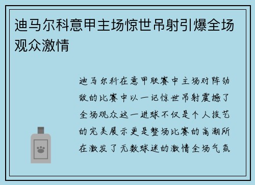 迪马尔科意甲主场惊世吊射引爆全场观众激情